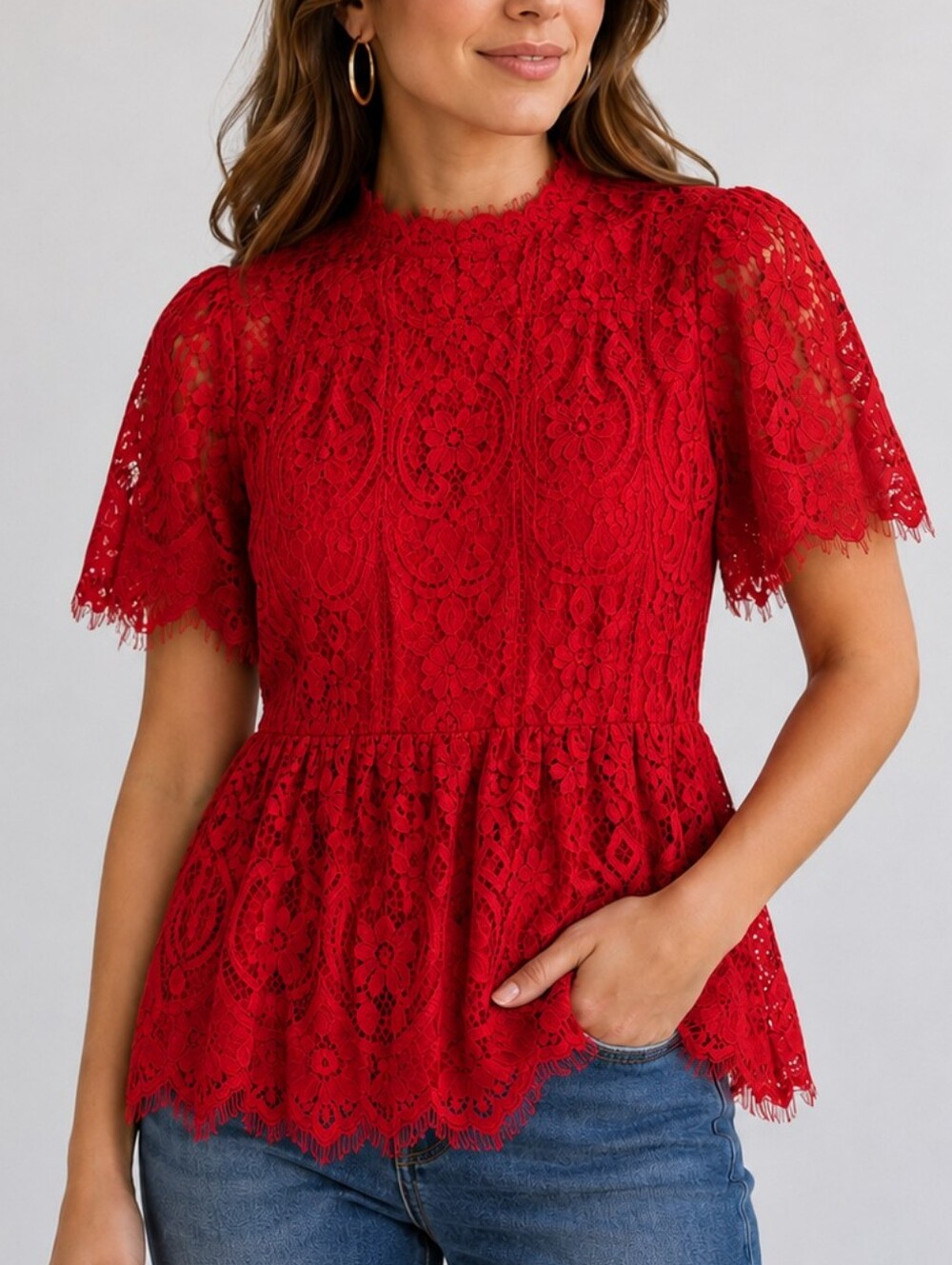 BIGHIT Peekaboo Lace Puff Sleeve Peplum Babydoll Castlecore Blouse